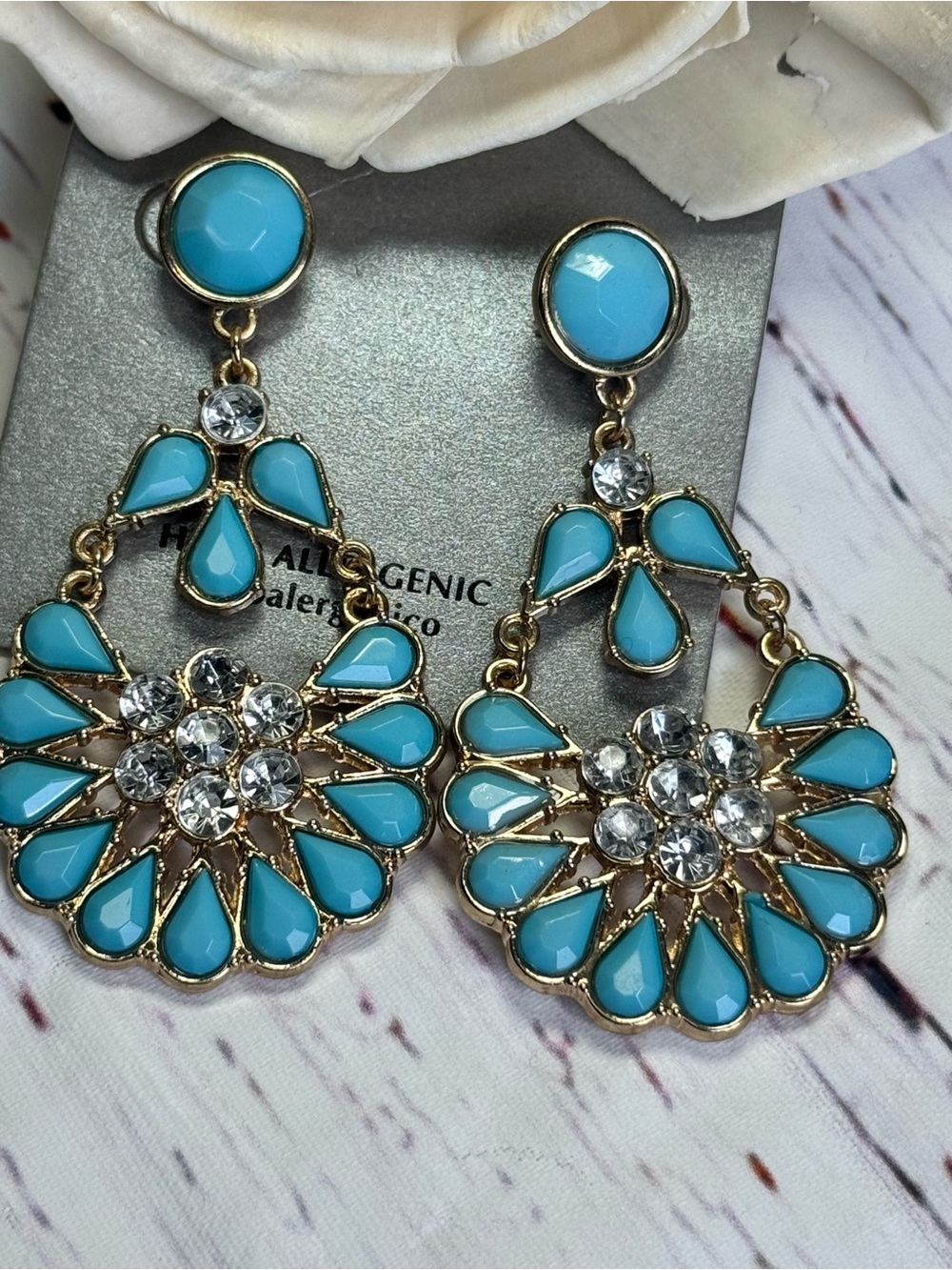 Turquoise Rhinestone Chandelier Statement Earrings Gold Tone Boho Glam NWT